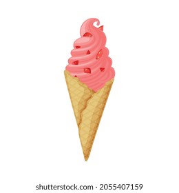 Pink Twisted Ice Cream in Waffle Cone as Frozen Dessert and Sweet Snack Vector Illustration