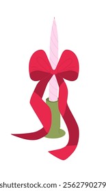 Pink twisted taper candle with big red bows. Cute and romantic isolated element for Valentine's day, holiday. Vector illustration in a flat style