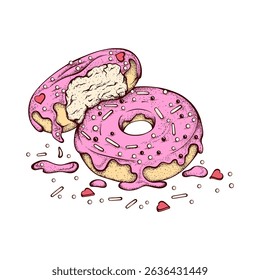 Pink Two Donuts Summer Dessert Vector Bakery or Pastry, Birthday Colorful Sketch Retro Hand Drawn Isolated Illustration for Cafe or Restaurant