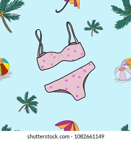 Pink Two piece bikini in summer hand draw seamless pattern