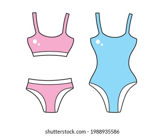 Pink two piece and blue one piece swimsuit isolated cartoon vector