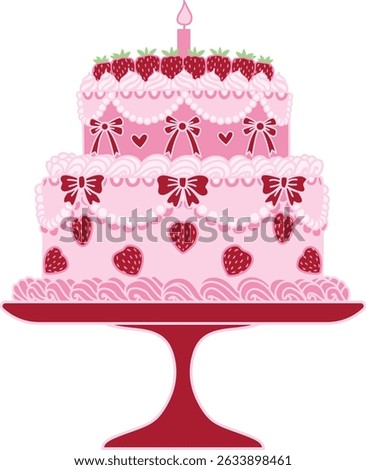 Pink two tier Birthday cake on stand with Strawberry topping, clipart coquette aesthetic. Vector illustration.	