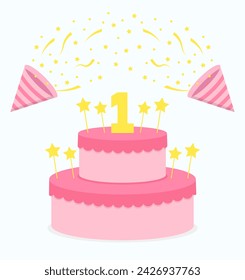Pink two tiered cake and cracker with confetti