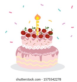 Pink Two-layer cake decorated with cream and yellow candle embroidery on a white background