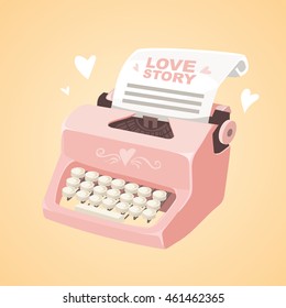 Pink typewriter. Metaphor love story. Vector illustration