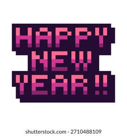 Texto rosado de la tipografía de 'Feliz año Nuevo', icono del arte del pixel, aislado