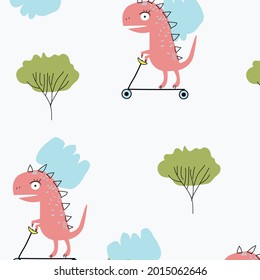 Pink Tyrannosaurus  rides a scooter among cacti.Children's Illustration with a Tirex