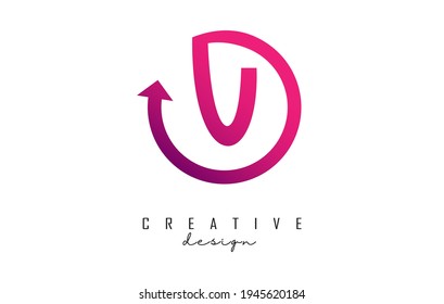 Diseño del logotipo de letra U rosa con marco de círculo y flecha. Ilustración vectorial creativa con color rosa y letra U.