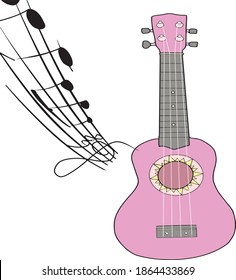 
rosafarbene Ukulele und Notenmusik