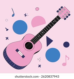 A pink ukulele surrounded by blue and pink geometric shapes, including circles, triangles, and musical notes, against a light pink background.
