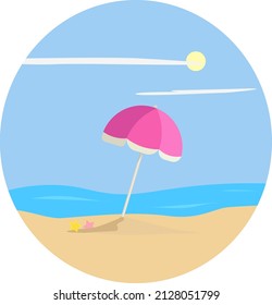Pink umbrella at the beach, illustration, vector on a white background.