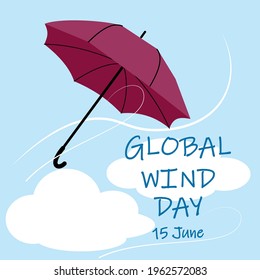Pink umbrella in the blue sky and clouds in windy weather. Celebrating International Global Wind Day 15 June. Use for postcard, background, congratulations. vector flat EPS10