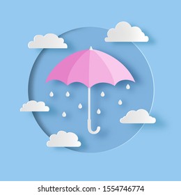 Pink umbrella with clouds and rain drops. Paper cut out style. Carving art. Vector illustration