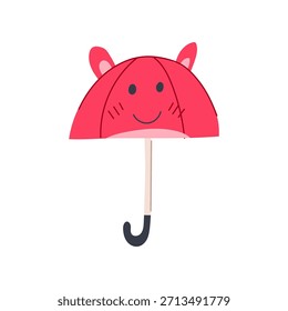 Paraguas rosa con una cara de animal linda y sonriente con mejillas rosadas y orejas adorables, proporcionando un elemento encantador y juguetón para proyectos de diseño relacionados con la infancia, el Clima o la protección