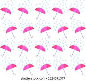 Pink Umbrella And Rain Drops background seamless pattern. Vector illustration