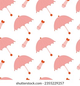Pink umbrella seamless pattern. Cartoon open and folded pink umbrella pattern in barbiecore style