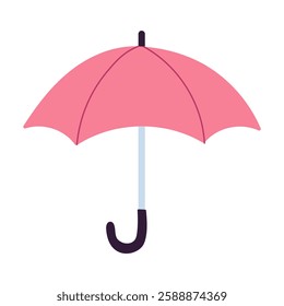 A pink umbrella with a silver handle. The umbrella is open and ready to be used. Concept of protection and warmth, as the umbrella is designed to shield its user from the elements