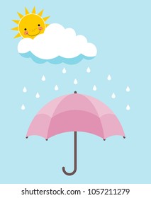 Pink umbrella, smiling sun, cloud and rain over pale blue background. Forecast concept