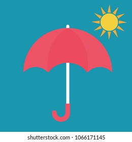 Pink umbrella and sun. Flat design vector illustration