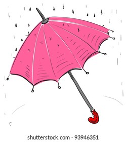 Pink umbrella under the rain. Hand drawing cartoon sketch illustration in childish doodle style