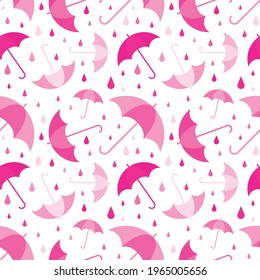 Pink umbrellas on white background seamless pattern. Vector illustration.