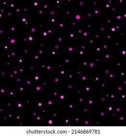 Pink uneven dots seamless repeat contrast vector pattern. Chaotic handmade blobs, blots, drops, splashes, droplets background. Paint round spots, flecks, specks on black texture.