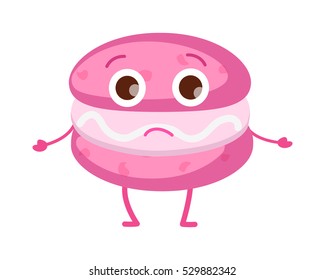 Pink unhappy macaroon with eyes, thin arms and legs. Isolated sweets icon. Tiered disappointed cake with light stuffing. Fresh confectionery. Simple cartoon style. Flat design. Vector illustration