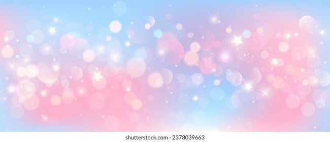 Pink unicorn background. Pastel watercolor sky with glitter stars and bokeh. Fantasy galaxy with holographic texrure. Magic marble space. Vector.