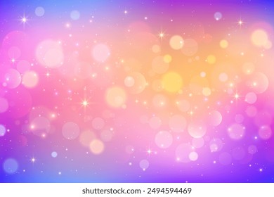 Fondo de unicornio rosa con estrellas. Cielo lindo con bokeh y brillo. Galaxia kawaii mágica de fantasía. Vector púrpura espacio de ensueño. Fondo de pantalla de gradiente holográfico