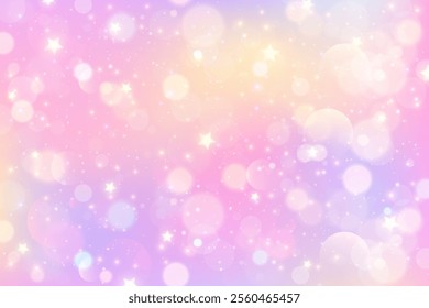 Pink unicorn background with stars and sparkles. Cute rainbow fantasy backdrop with bokeh and glitter. Dreamy sky with watercolor texture. Abstract vector gradient wallpaper