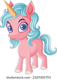 Pink Unicorn with Blue Mane illustration