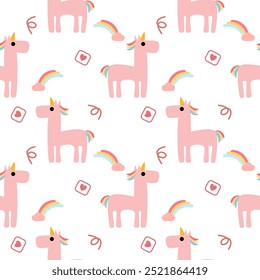 Dibujos animados de unicornio rosa tan lindo. En el fondo blanco del corazón de la nube del arco iris. Patrón de Ilustración vectorial sin fisuras. 
