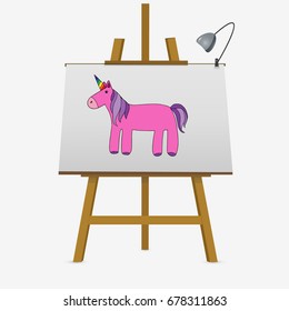 Pink unicorn. Cartoon magic unicorn on easel. Hand drawn vector stock illustration.