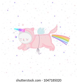 Pink unicorn cat with a rainbow and magical horn, and blue wings, and twinkling stars on a white background in vector. Flying cute animal character for design - postcards, kids textile, or clothes.