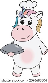 pink unicorn chef with dish and hat smiling