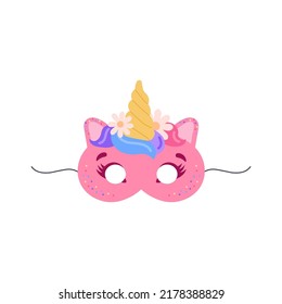 Pink Unicorn Children Carnival Mask, Flat Vector Illustration Isolated On White Background. Kids Masquerade Mask For Holiday Party Of Photo Booth Props Element.