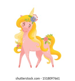 Pink Unicorn Female With Flowers In Hair Vector Illustration