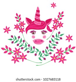 Pink unicorn with flower embroidery stitches imitation. Embroidery unicorn. Fancy animal.
