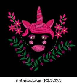 Pink unicorn with flower embroidery stitches imitation. Embroidery unicorn. Fancy animal.