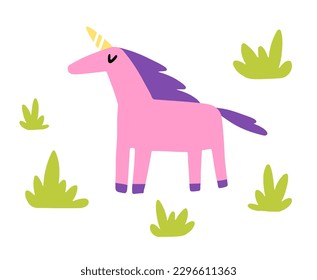 Pink unicorn in the grass isolated on a white background. Vector children's naive hand-drawn illustration 