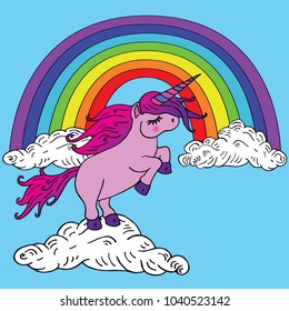 Pink unicorn, hand drawn doodle sketch, isolated vector color illustration on blue sky background with clouds and rainbow