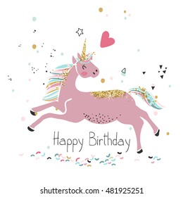 pink unicorn, happy birthday card