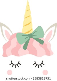 Pink unicorn head with closed eyes and wavy hair, adorned with a charming green bow, sleeping peacefully, creating a magical touch perfect for children s designs and illustrations