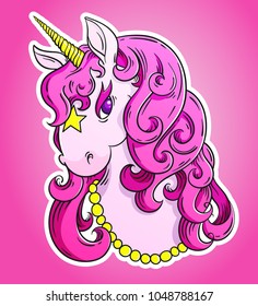 Pink unicorn head portrait sticker, poster. Cute magic cartoon fantasy animal concept. Vector illustration