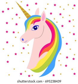 Pink unicorn head with rainbow mane and horn, with stars, isolated on white. Fun cartoon icon design illustration with unicorn in 80s-90s style. 