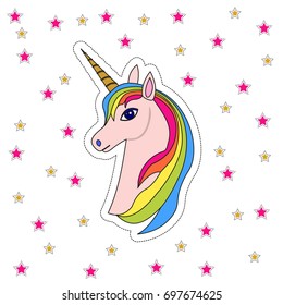 Cabeça de unicórnio rosa com juba arco-íris e chifre, com estrelas, isolada no branco. Divertido desenhos animados ícone desenho ilustração com unicórnio no estilo 80s-90s. 