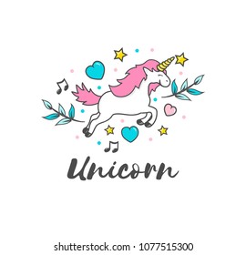 Pink unicorn, hearts and leaves, vector illustration isolated on white background. Be used as a sticker.