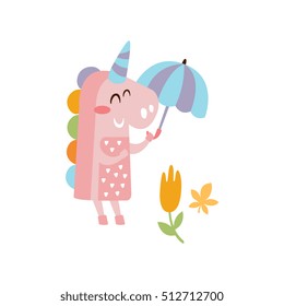 Pink Unicorn Holding Umbrella Smiling In Autumn Standing Upright Humanized Animal Character Illustration In Funky Decorative Style