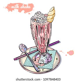 Pink unicorn ice cream milk shake. Hand drawn vector illustration. Watercolor splashes, inscription. Isolated on white background. Trendy pastel goth summer dessert.