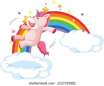 Pink unicorn jumping on a cloud with rainbow illustration